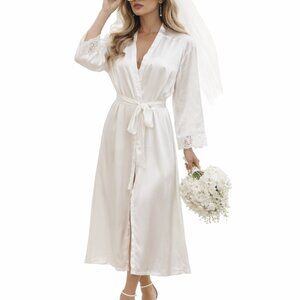 Jones New York Vintage White Satin Long Bridal Robe with Lace Details